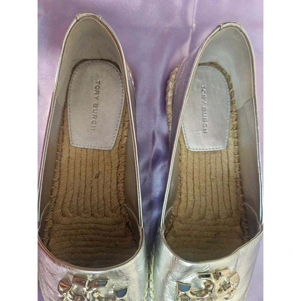 Tory Burch Eleanor Silver Metallic Leather Espadrille Flats Double T Logo 8.5M